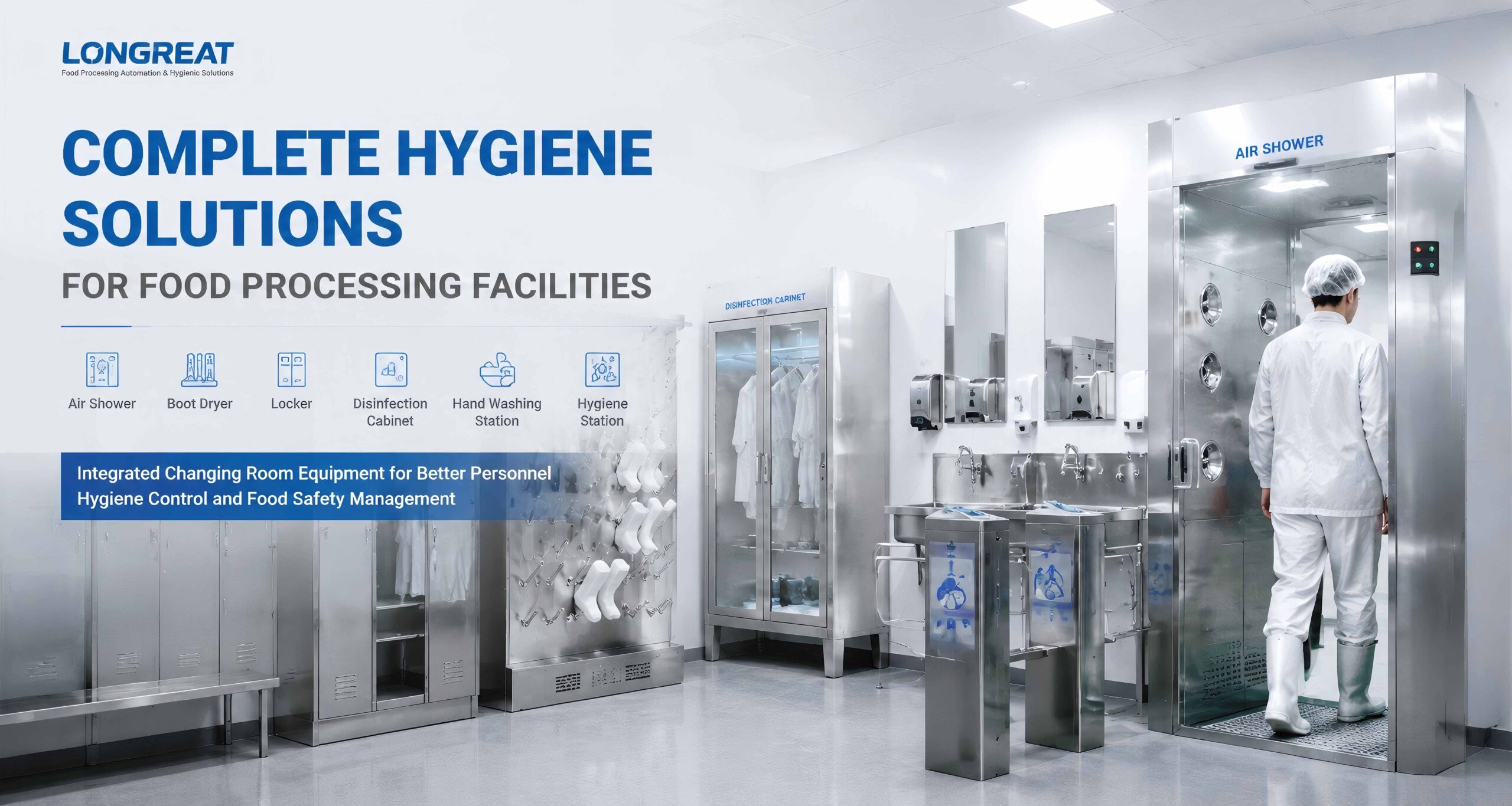 Food factory changing room solution banner showing turnkey personnel hygiene and entry control equipment