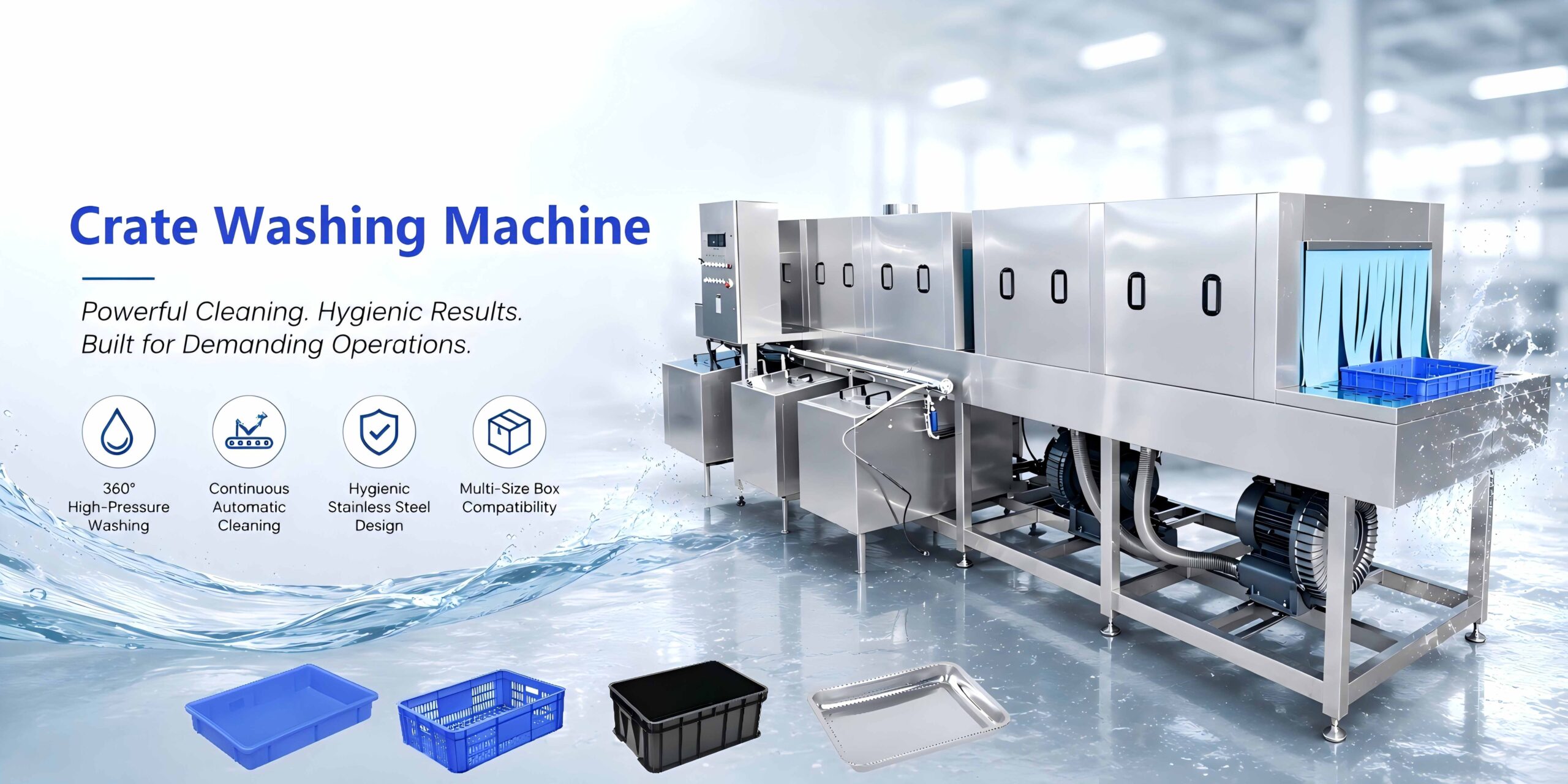 Crate Washing Machine Banner - Longreat Automation Longreat Crate Washing Machine for Food Processing and Plastic Crate Cleaning