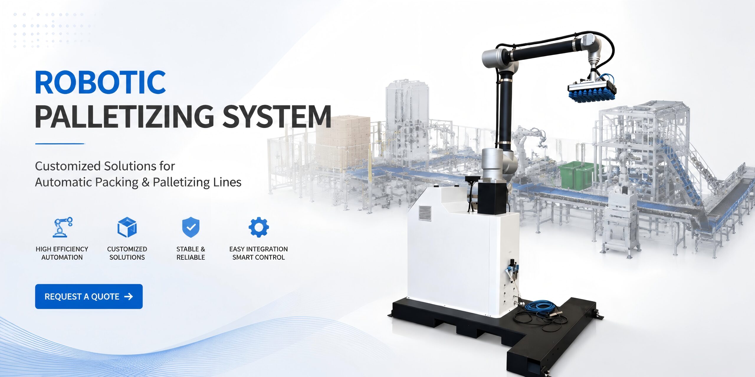 Longreat automatic robotic palletizer system and end-of-line packaging automation banner