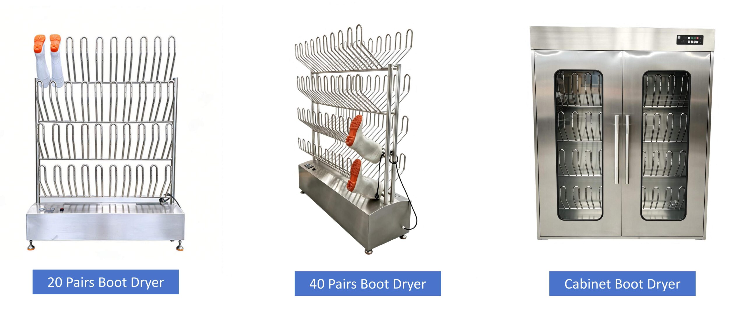 Industrial Boot Drying Rack and Sterilizer Selection - Longreat Hygiene Longreat Multi-Pair Industrial Boot Drying Rack 12-40 Pair Selection Guide with Ozone