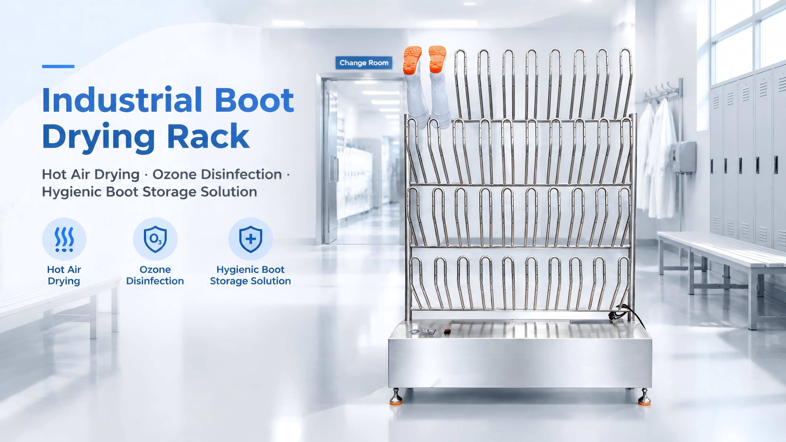 Industrial Boot Drying Rack with Ozone Disinfection - Longreat Automation Longreat Industrial Boot Drying Rack with Ozone Disinfection for Food Processing Plants