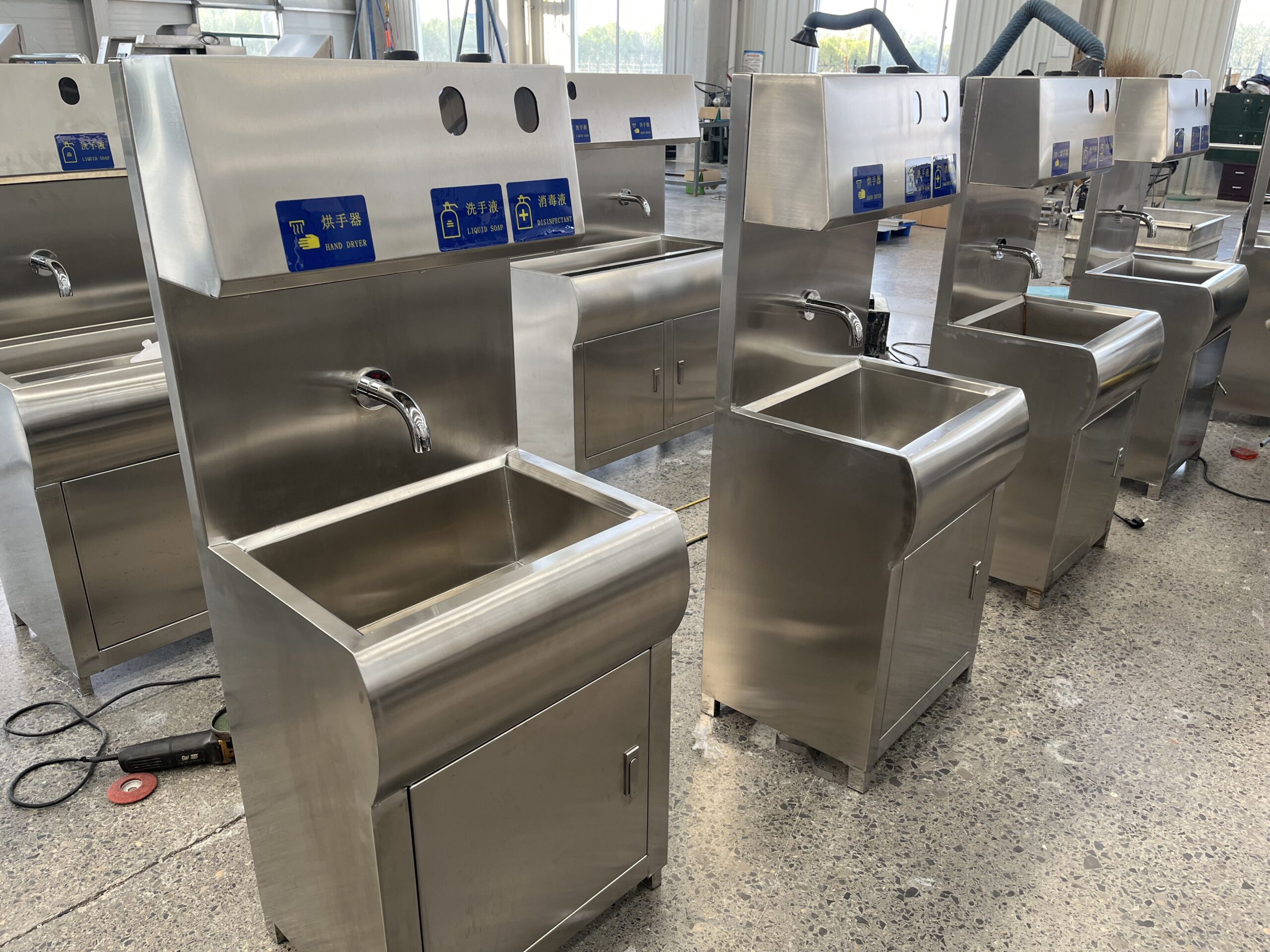 Touchless hand washing station manufactured by Longreat in the workshop