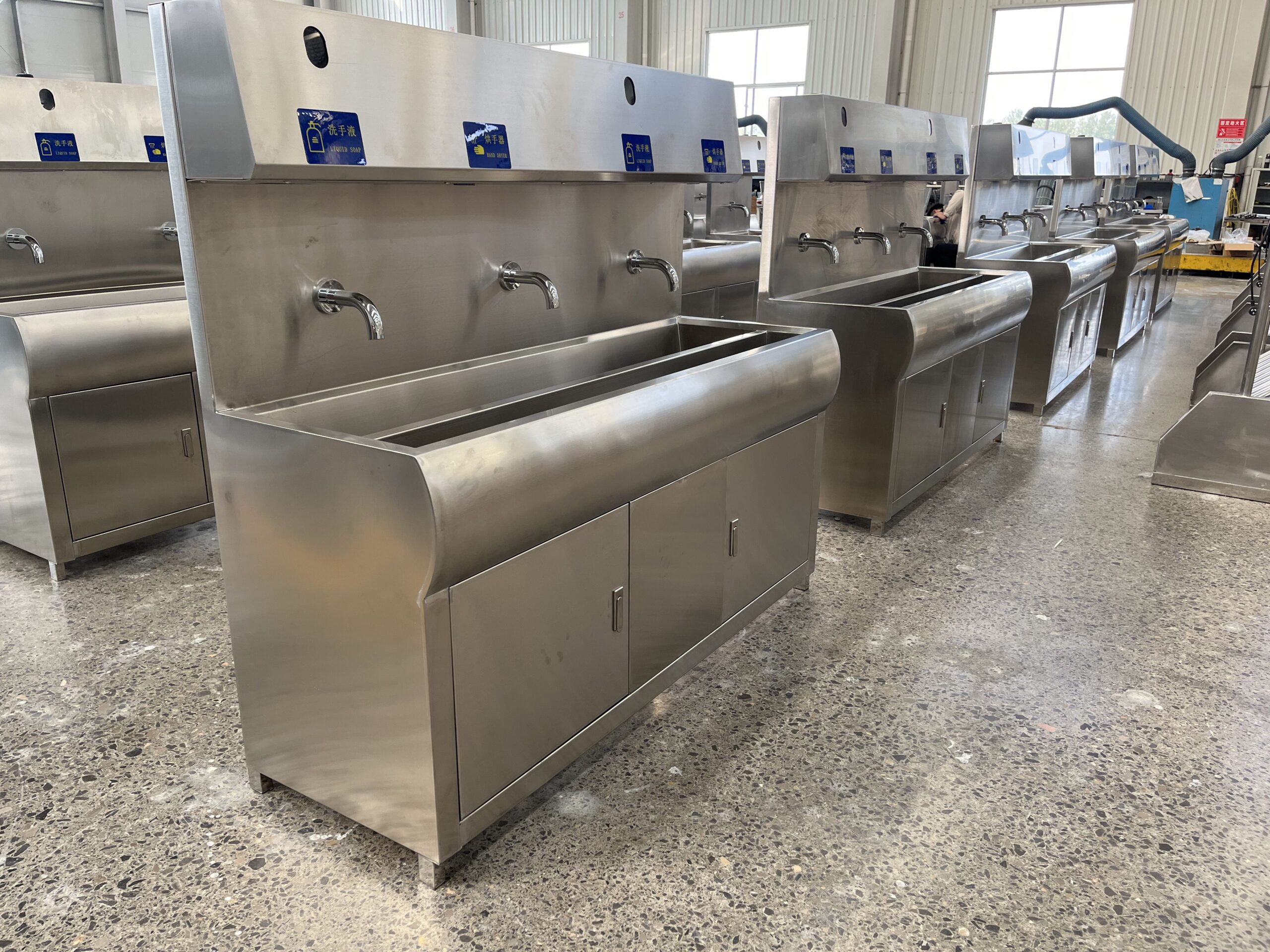 Longreat multi-station hand washing station options for food processing facilities