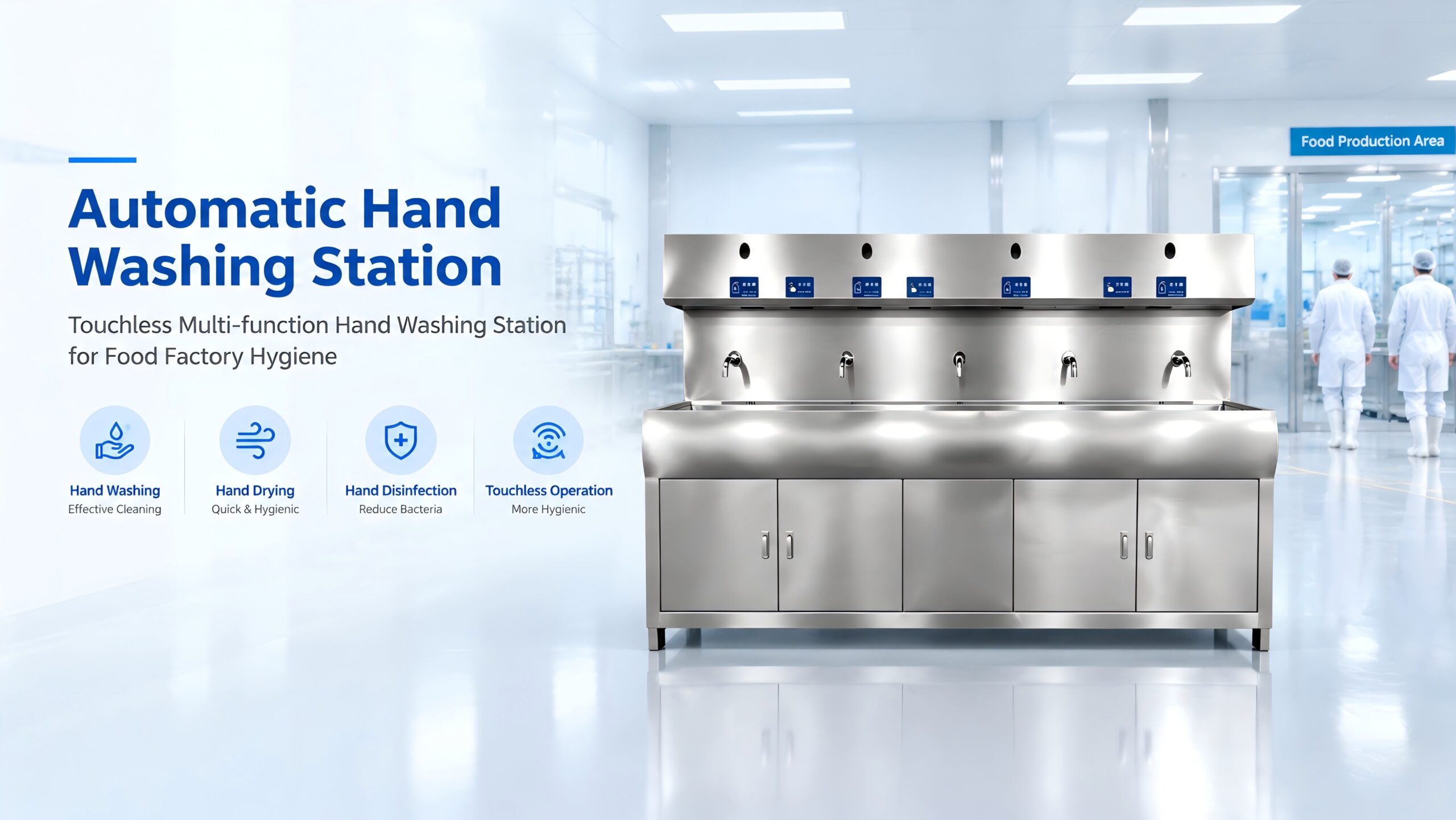 Touchless hand washing station banner showing automatic stainless steel hygiene equipment for food processing