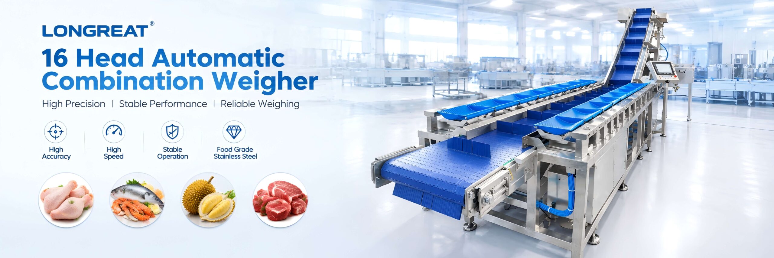 Longreat 16 head combination weigher for durian pulp and poultry portioning