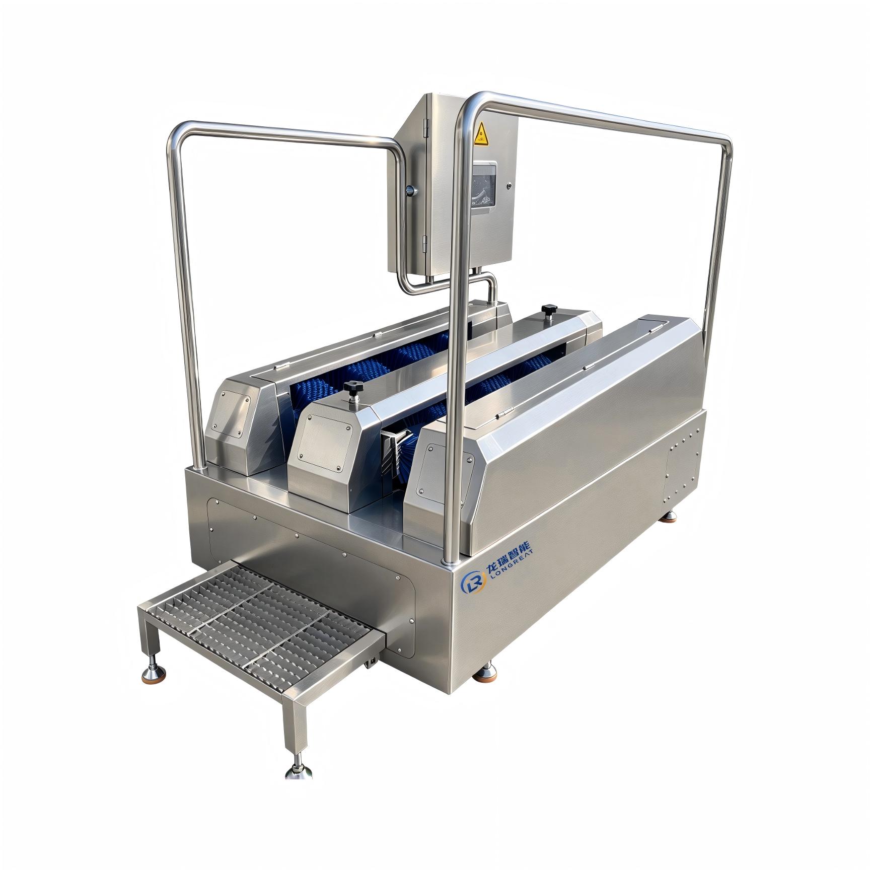 Industrial boot washing machine with horizontal and vertical brushes for cleaning footwear in food processing facilities.
