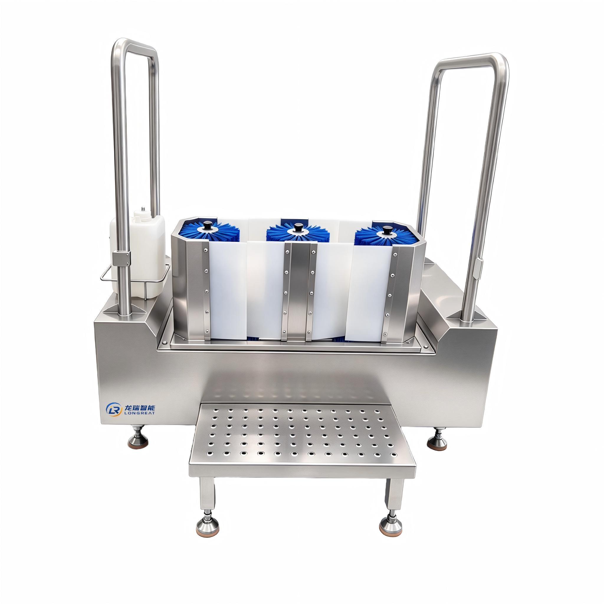Automatic boot washer for cleaning work boot soles and sides in food processing facilities.
