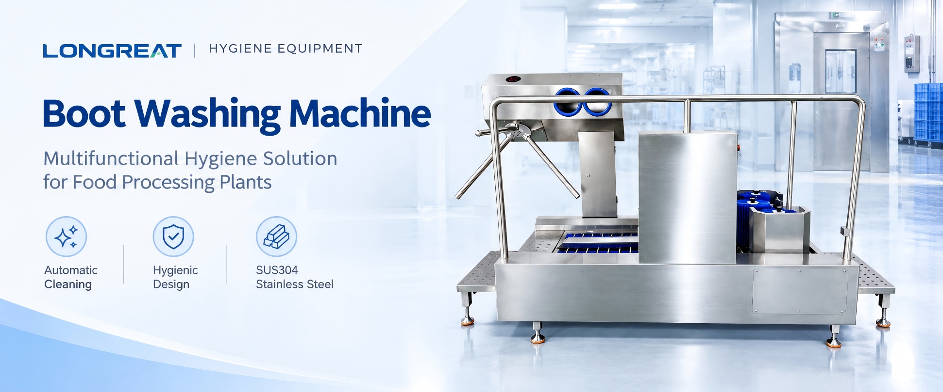 Boot washing machine for food processing plants with stainless steel hygienic design