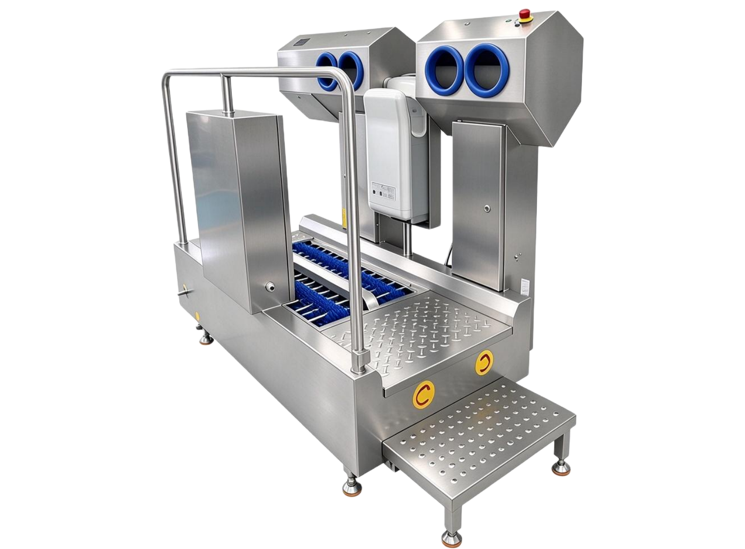 Hygiene station with boot cleaning and hand disinfection for food processing plants