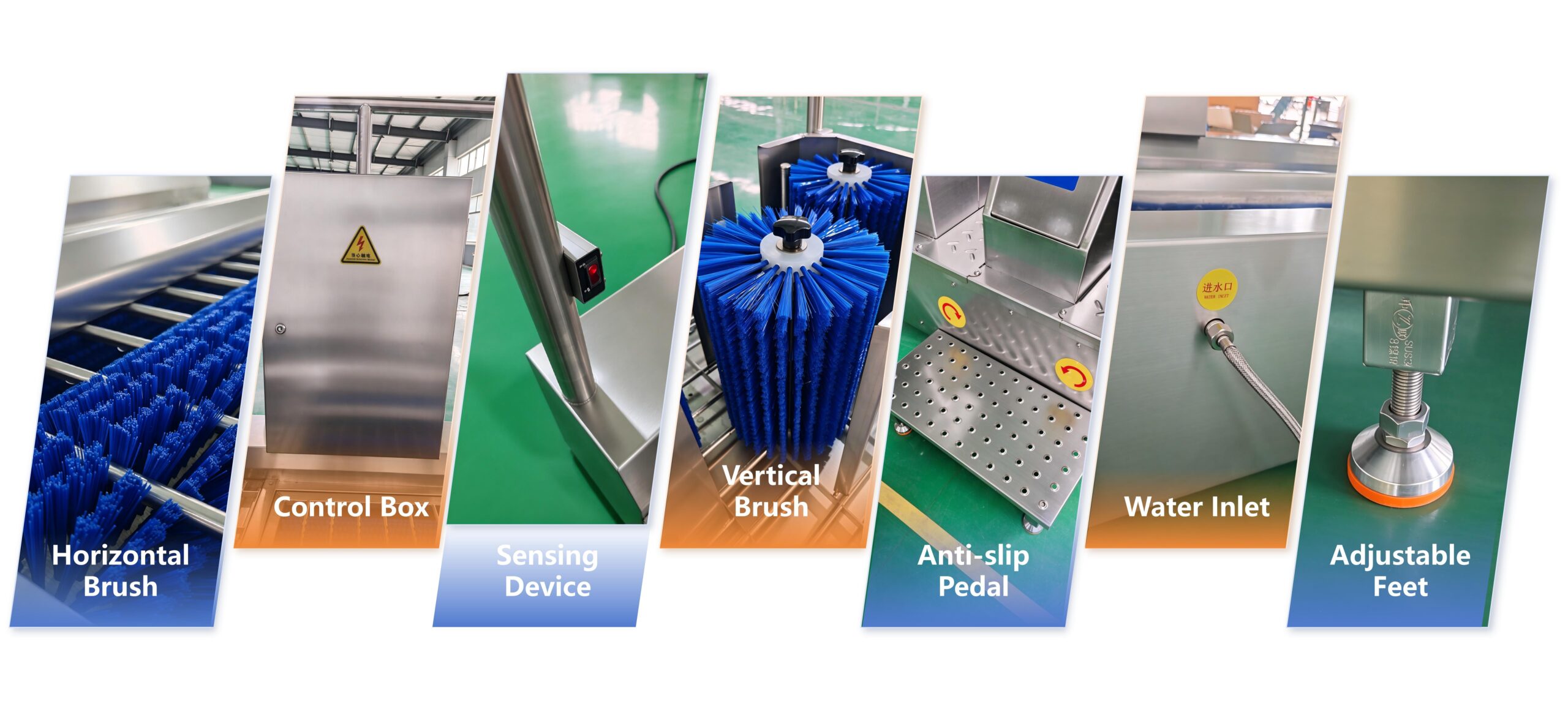 Industrial boot washer with horizontal and vertical brushes, control box, foot pedal, sensor, water inlet and adjustable feet.