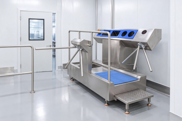 Industrial boot washing machine for food processing plants