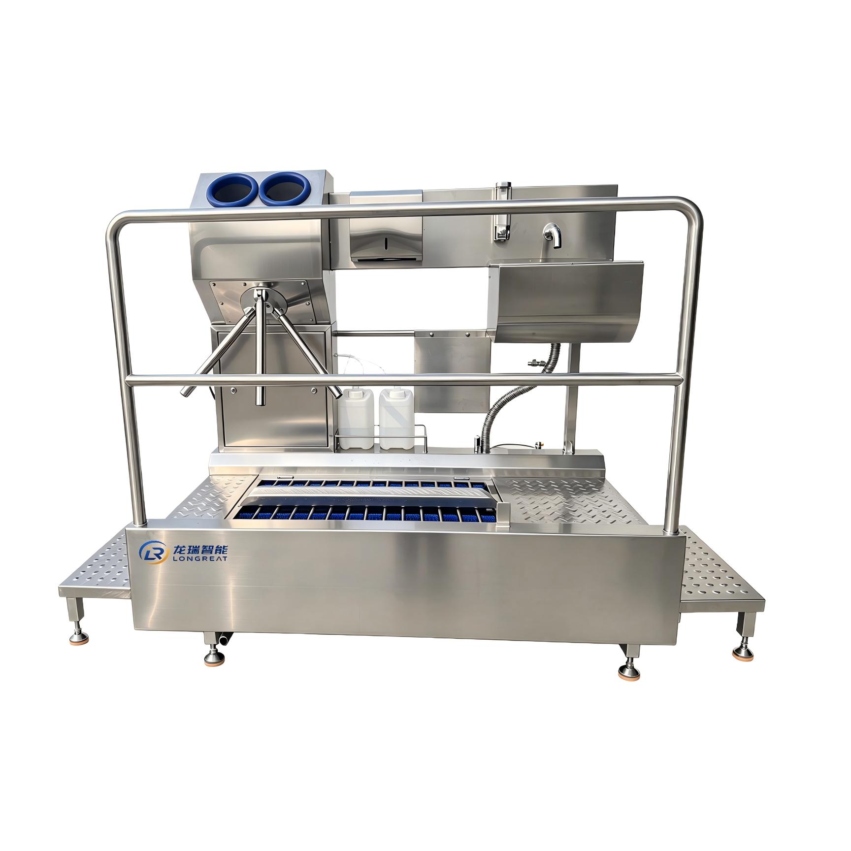 Industrial hygiene station for personnel hygiene in food processing facilities.