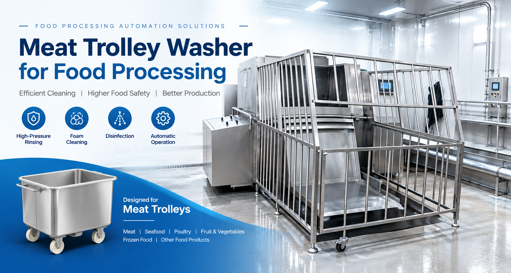 Industrial meat trolley washer for food processing plants