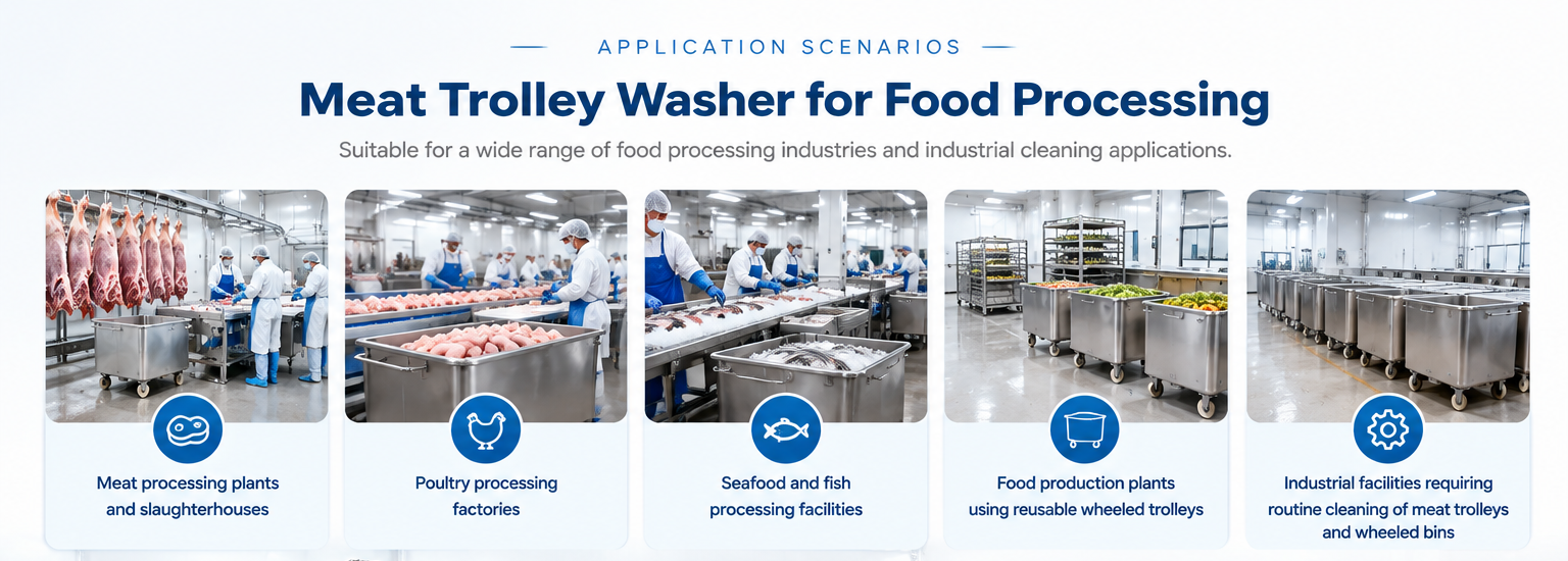 Meat trolley washer in a food processing plant