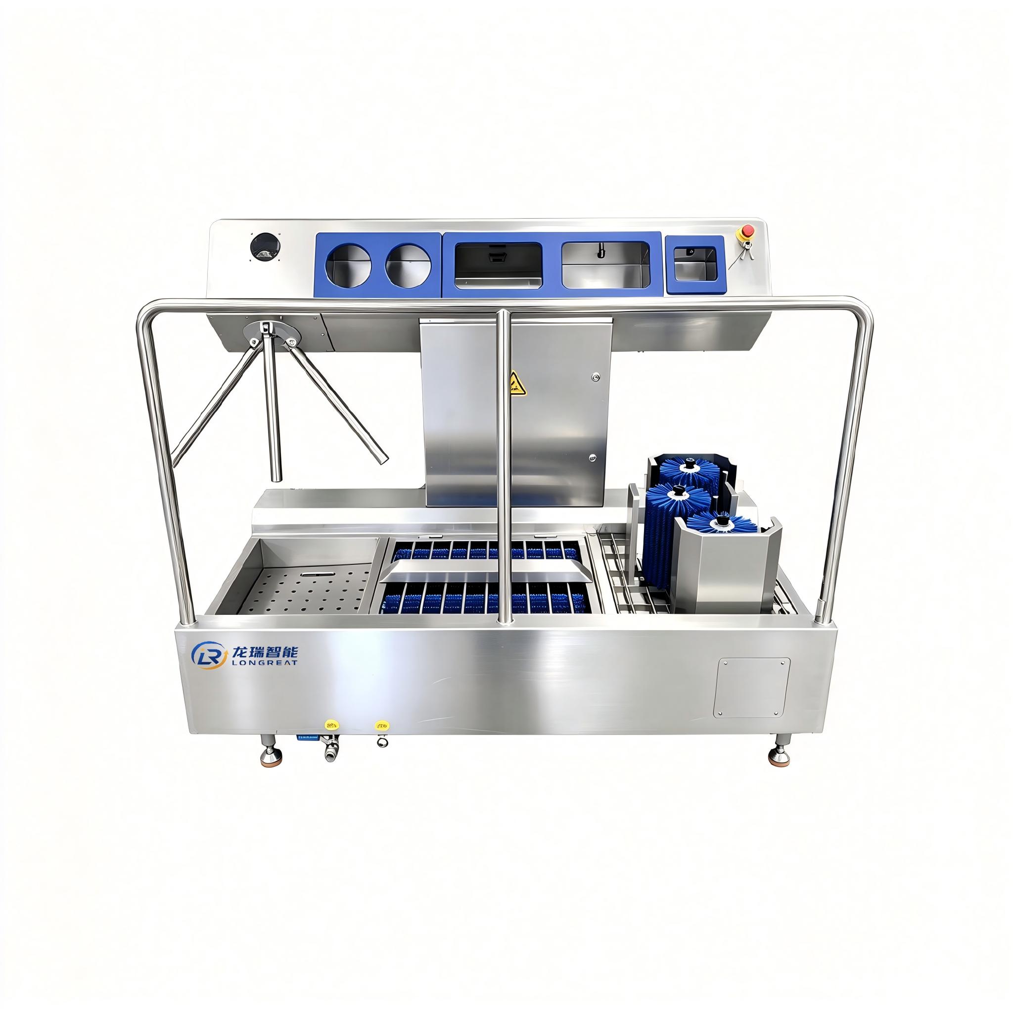 Personal hygiene station with hand washing and boot cleaning for food processing plants